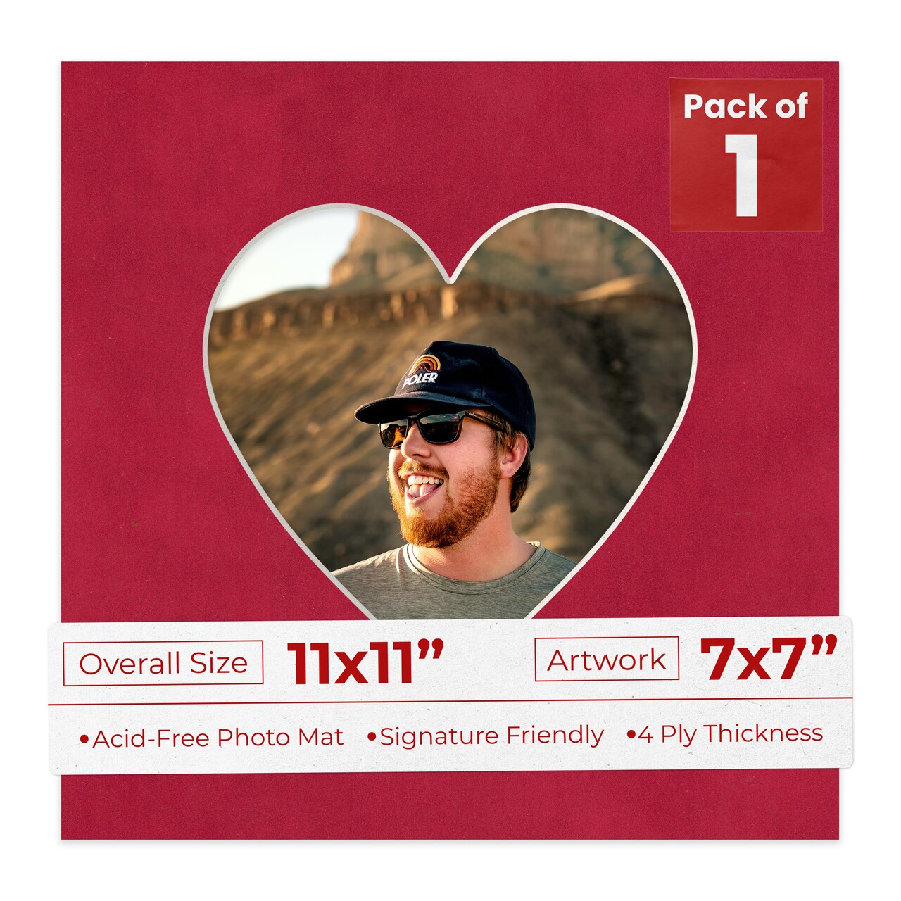 Red Suede Mat Board for 11x11 Frames - Heart Opening for 7x7 Photos